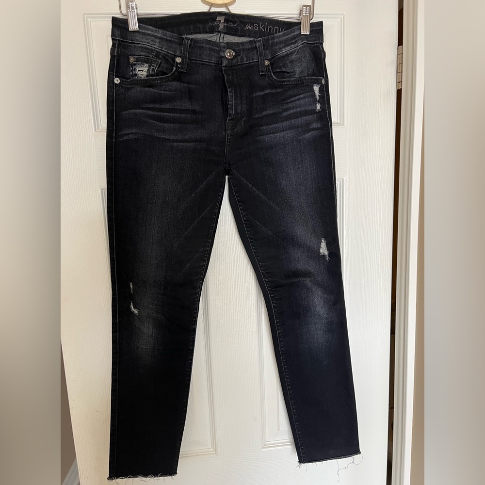 7 For All Mankind Black Wash Skinny Cropped Ripped Jeans Raw Hem Size 30
